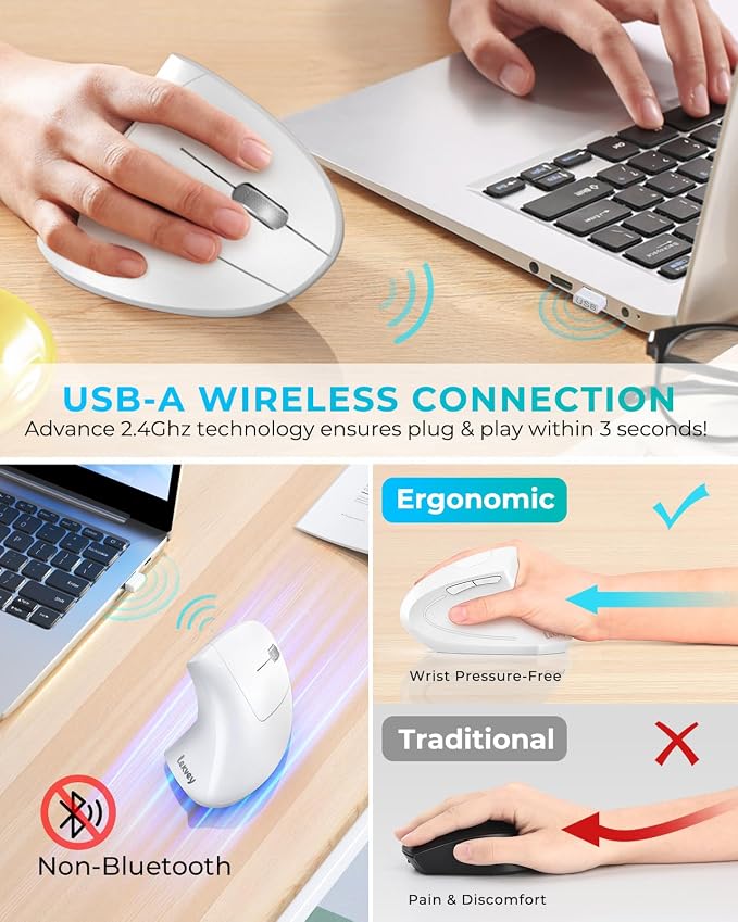 Lekvey Ergonomic Mouse, Vertical Wireless Mouse, Rechargeable 2.4G Optical