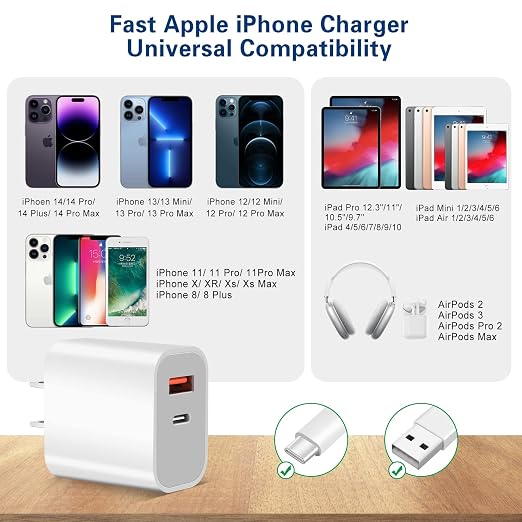 Fast Charger iPhone, Dual Port A/C Charging Adapter, Apple Charger Block 10FT