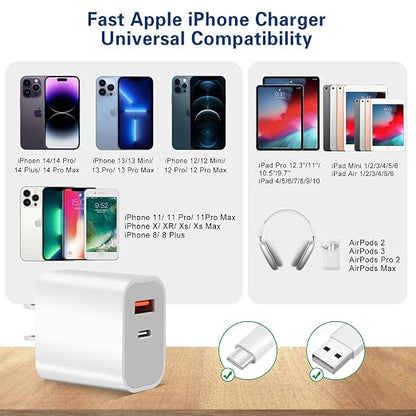 Fast Charger iPhone, Dual Port A/C Charging Adapter, Apple Charger Block 10FT