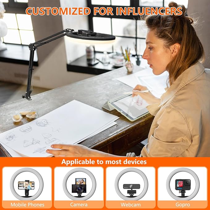 Overhead Phone Mount with Ring Light, 10’’ LED Selfie Light