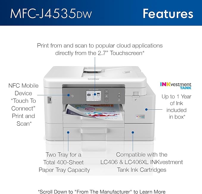 Brother MFC-J4535DW INKvestment -Tank All-in-One Color Inkjet Printer