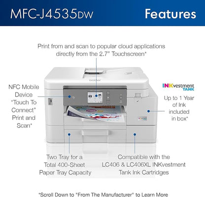Brother MFC-J4535DW INKvestment -Tank All-in-One Color Inkjet Printer