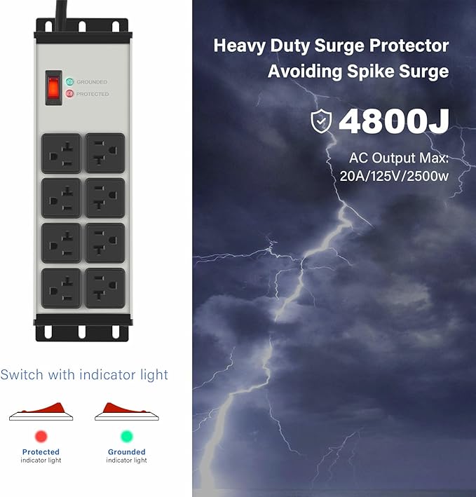 CCCEI Heavy Duty Power Strip Surge Protector 20 AMP, 8 Outlets 12 Gauge