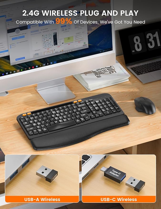 Wireless Keyboard and Mouse Combo, Ergonomic Wave Keys, Cushioned Plam Rest