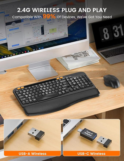 Wireless Keyboard and Mouse Combo, Ergonomic Wave Keys, Cushioned Plam Rest