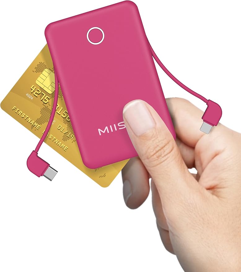 miisso 6000mah Ultra Slim Built in Cables Power Bank, Card Size Built in USB C