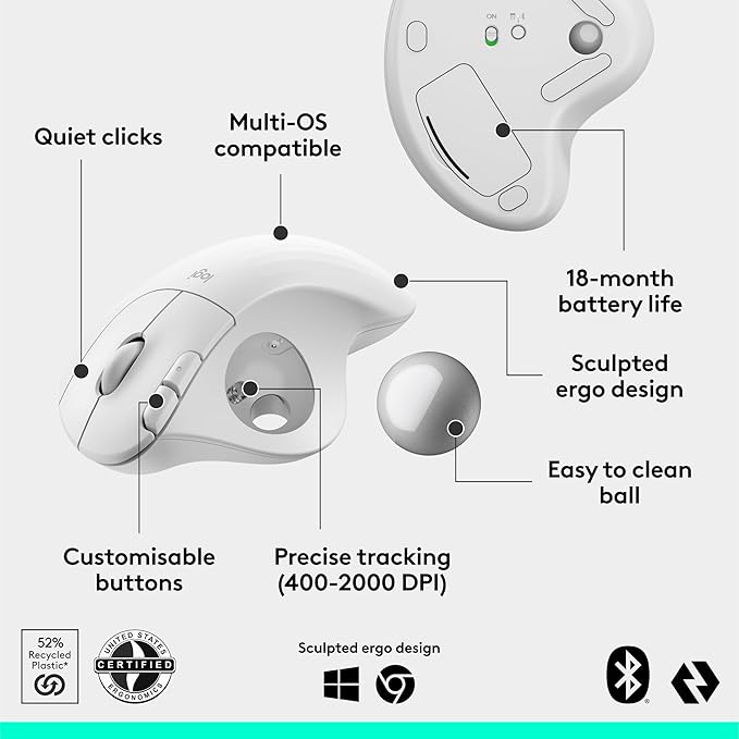 Logitech Ergo M575S Wireless Trackball Mouse, Wireless Ergonomic Mouse