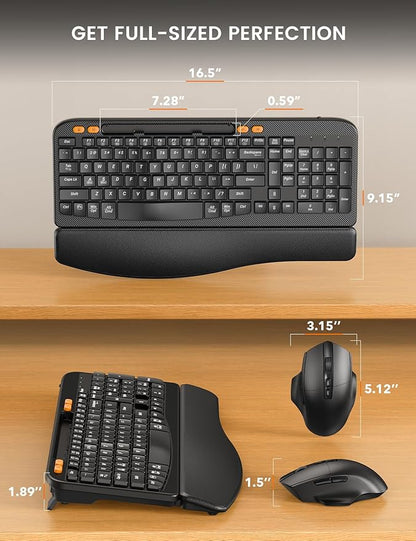 Wireless Keyboard and Mouse Combo, Ergonomic Wave Keys, Cushioned Plam Rest