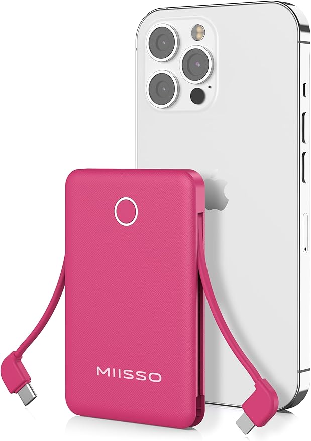 miisso 6000mah Ultra Slim Built in Cables Power Bank, Card Size Built in USB C