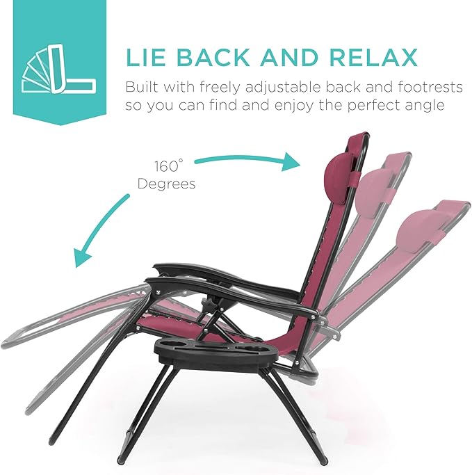 Best Choice Products Set of 2 Adjustable Steel Mesh Zero Gravity Lounge Chair Recliners w/Pillows and Cup Holder Trays - Burgundy