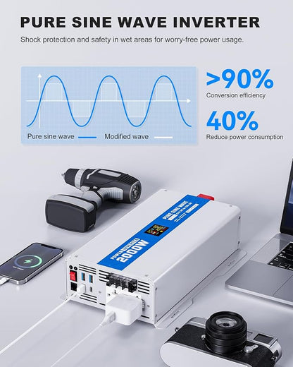 2000W Pure Sine Wave Power Inverter 24V DC to 120V AC Converter 4000 Watt Peak