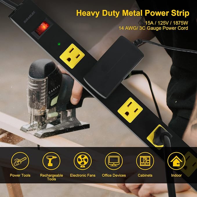 SURAIELEC 12 Outlet Long Metal Power Strip, 15FT Cord Surge Protector, Angled