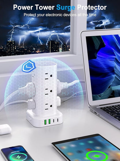 Power Strip Tower with Multiple Outlets, Flat Plug Surge Protector Tower