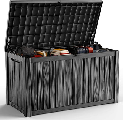 DRATO 200 Gallon Deck Box, Waterproof Resin Large Outdoor Storgae Box for Patio Furniture, Patio Cushions, Gardening Tools, Pool Supplies, Lockable（Black，200 Gallon）