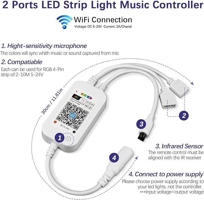 RGBZONE 2.4GHz WiFi LED Controller, IR Wireless Remote Control, 2-Ports Smart