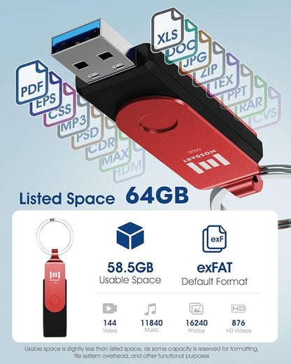 MOSDART 64GB USB3.1 Fast Speed C and A Dual Flash Drive, exFAT Memory Stick