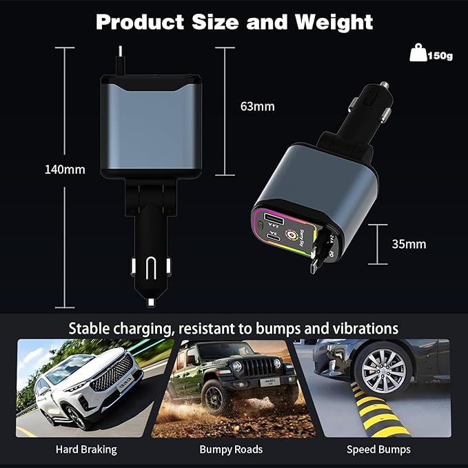 Starlight Retractable Car Charger, 66W Fast Car Chargers Adapter 4 in 1