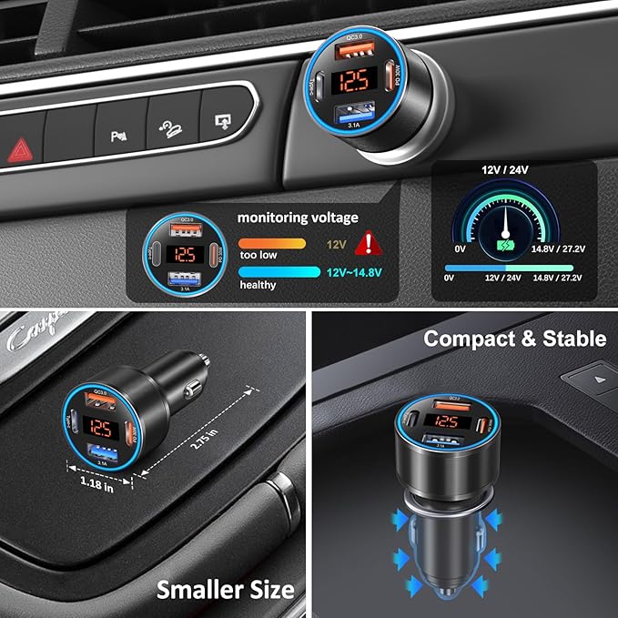 USB C Car Charger, 4-Port 65W Dual 12V USB-A & USB-C Car Phone Charger