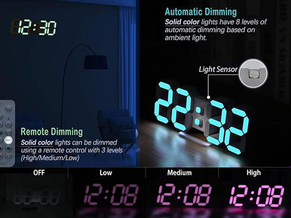 KOSUMOSU Wall Clock Neon Digital Clock 3D LED Desk Clock Large Display 9.7" RGB