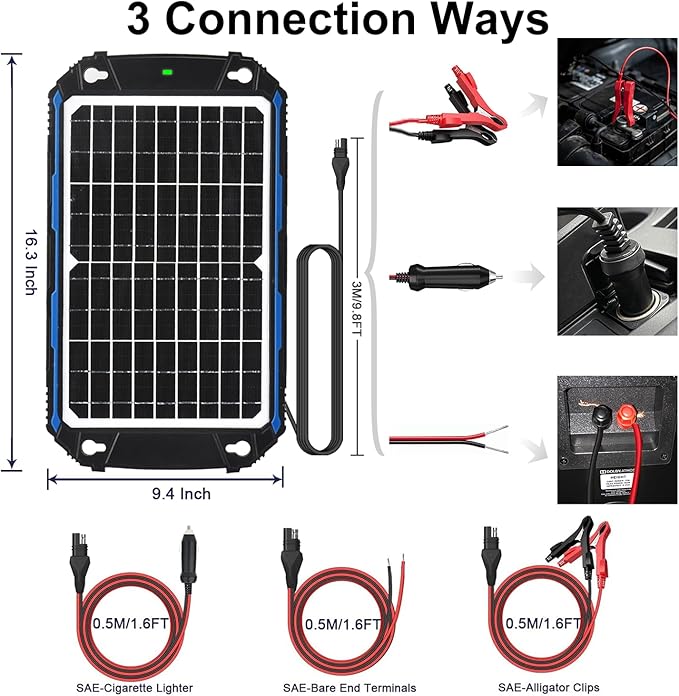 SUNER POWER Waterproof 12W 12V Solar Battery Charger & Maintainer Pro, Built-in