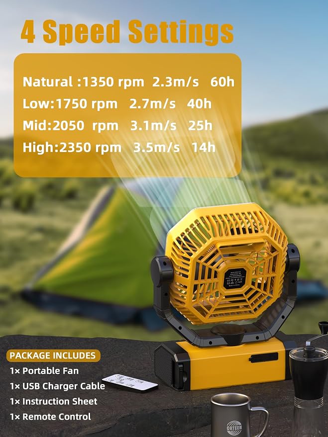 Orteen Rechargeable 9-Inch Portable Table Fan, 20000mAh Battery Powered Camping