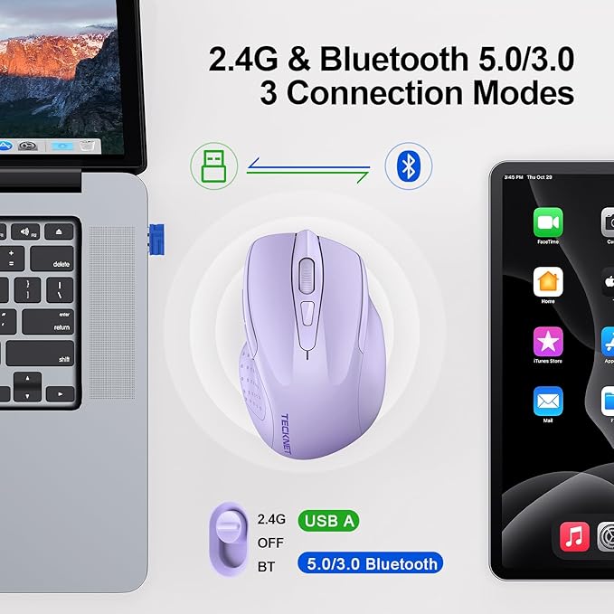 TECKNET Wireless Mouse Silent 4800 DPI Computer USB A & Bluetooth Mouse 6