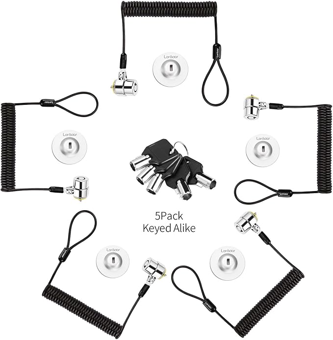 Keyed Alike 5Pack Security Hardware Cable Lock Kit, Retractable Cable Lock