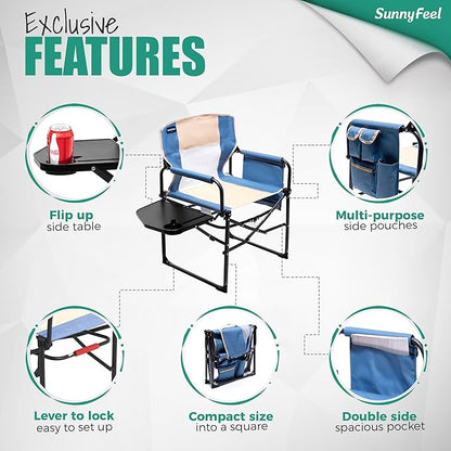 SUNNYFEEL Camping Directors Chair, Heavy Duty,Oversized Portable Folding Chair with Side Table, Pocket for Beach, Fishing,Trip,Picnic,Lawn,Concert Outdoor Foldable Camp Chairs