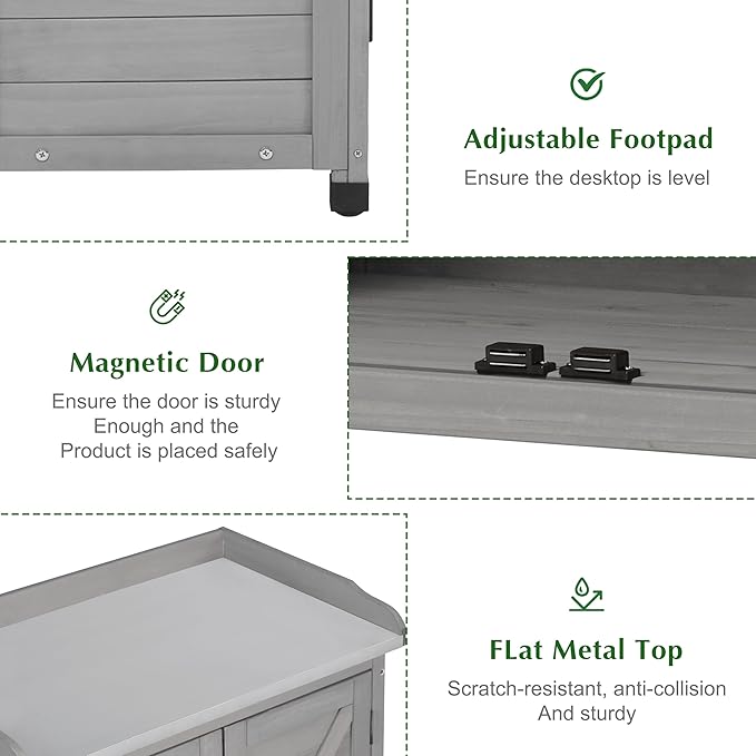Outdoor Storage Cabinet & Potting Bench Table with Metal Top, Wooden Patio Furniture, Garden Workstation (Classic Grey, 39x31.5x17in)
