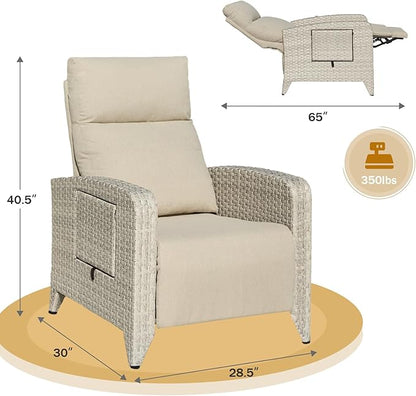Upgraded Outdoor Recliner Chair, Reclining Patio Chairs with Adjustable Back up to 150°Lay Flat and Extended Footrest, Wicker Recliner Chairs with Flip Table and Removable Olefin Cushion