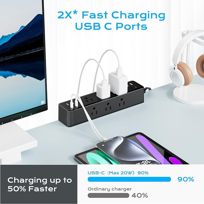 Flat Plug Desk Clamp Power Strip 10FT, 40W Total Fast Charging Station