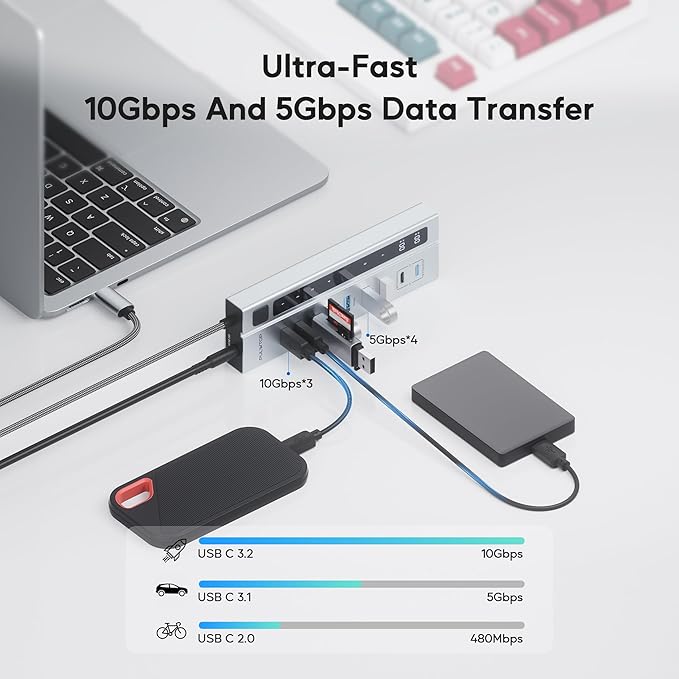 Powered USB C Hub, PULWTOP 9-in-1 USB-Hub suppprt 10Gbps & PD 45W Max Charging