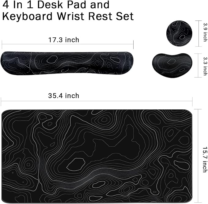 Topographic Mouse Pad Set, Extended Mouse Pad+Keyboard Wrist Rest, Memory Foam