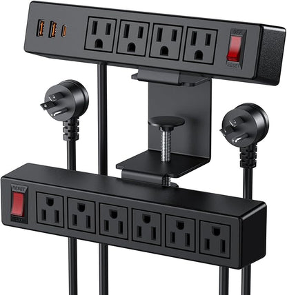 Dual Layer Desk Clamp Power Strip Surge Protector, Under Desk Power Strip