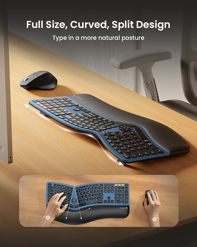 ProtoArc Ergonomic Wireless Keyboard Mouse, EKM01 Plus Full Size Ergo Bluetooth