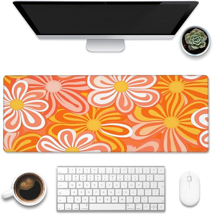 Desk Pad - Hippie Vintage Orange Flowers Desk Mat, Retro Floral Large Gaming