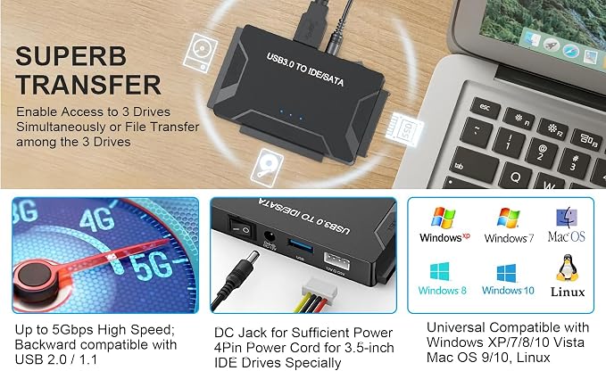 USB 3.0 to SATA IDE Adapter, Hard Drive Reader External Ultra Recovery