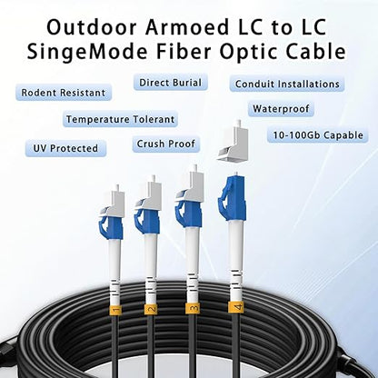 150M/492FT Outdoor Armored LC to LC Fiber Optic Cable, 4 Core OS2 Single Mode
