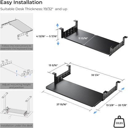 EUREKA ERGONOMIC Adjustable Keyboard Tray Under Desk, 28x11 Inch Large Slide