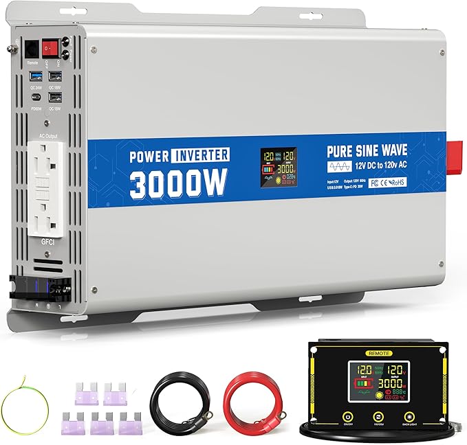 3000W Pure Sine Wave Power Inverter 12V DC to 120V AC Converter 6000 Watt Peak