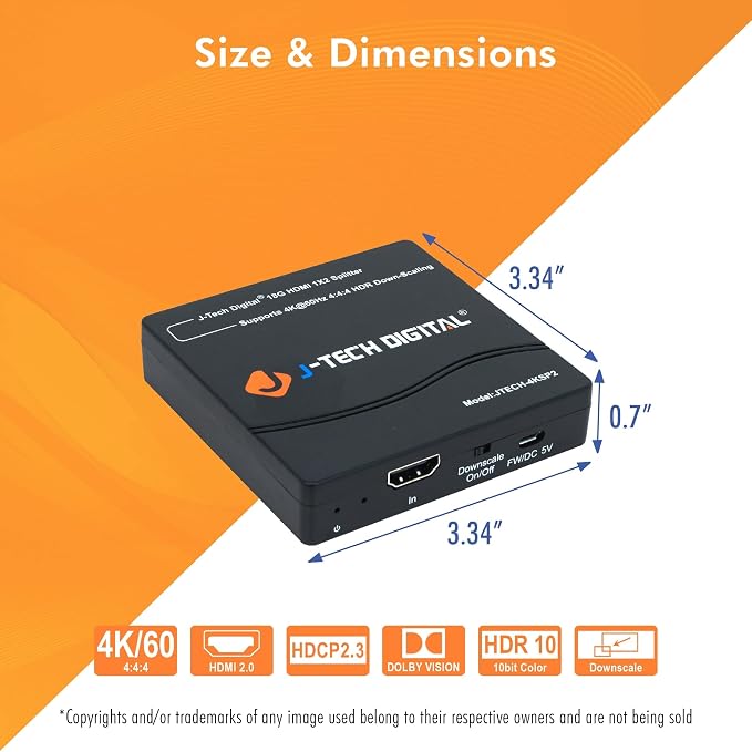 J-Tech Digital HDMI Splitter 1 in 2 Out 4K 60Hz Multi-Resolution Output HDMI