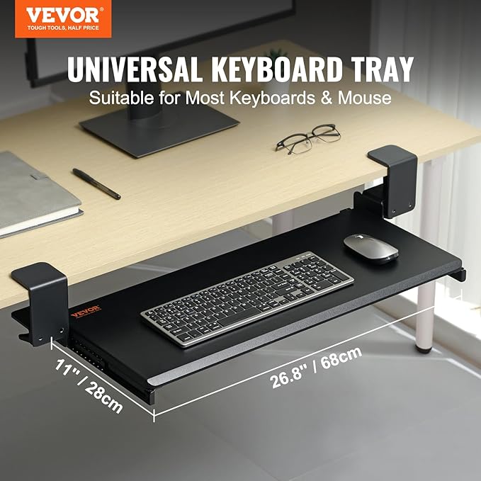 VEVOR Clamp on Keyboard Tray Under Desk, Desk Keyboard Tray Slide Out