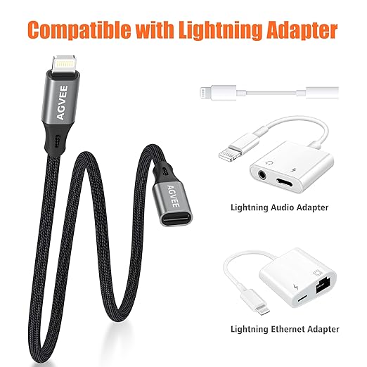 AGVEE 2 Pack 1ft Lightning Extension Cable, Braided Female to Male Extender