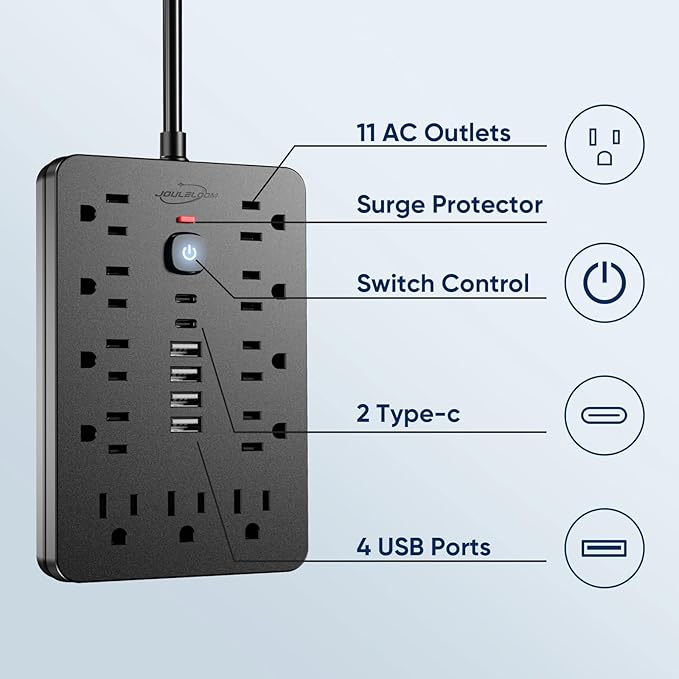 6 FT Flat Plug Surge Protector Power Strip, 11 Multiple AC Outlets