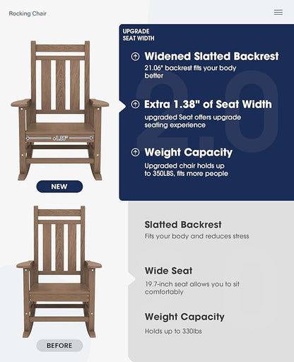 KINGYES Oversized Outdoor Rocking Chair Set of 6, All-Weather Patio Rocking Chairs for Porch, HDPE Outdoor Patio Rockers with High Back & Wide Seat for Garden, Lawn, Brown