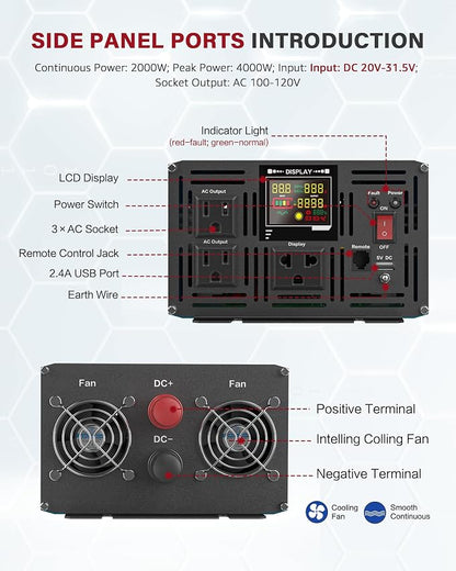 2000 Watt Inverter Pure Sine Wave DC 24V to 110V/120V AC Power Inverters