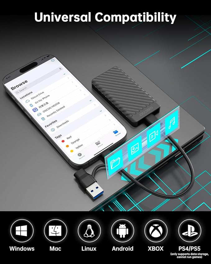 2TB Portable SSD, USB 3.2 Gen 2x2 External Solid State Drive, Dual USB-C&A