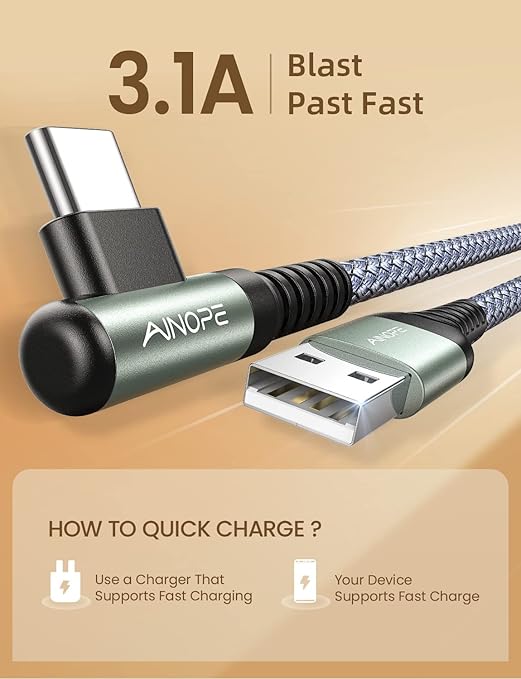 AINOPE USB to USB C Cable 3.1A Type C Charger Fast Charging, Right Angle USB to