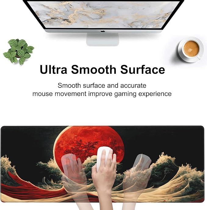 Red Moon Above The Sea Desk Mat, Large Chinese Style Landscape Gaming Keyboard