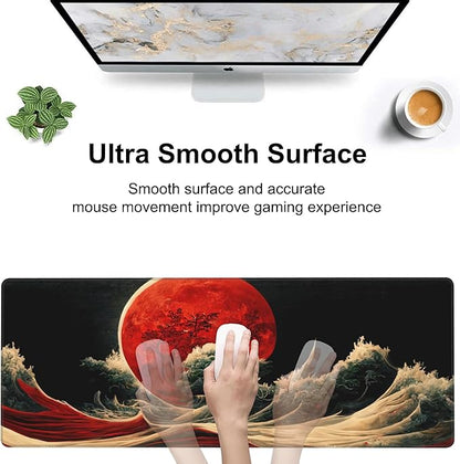 Red Moon Above The Sea Desk Mat, Large Chinese Style Landscape Gaming Keyboard